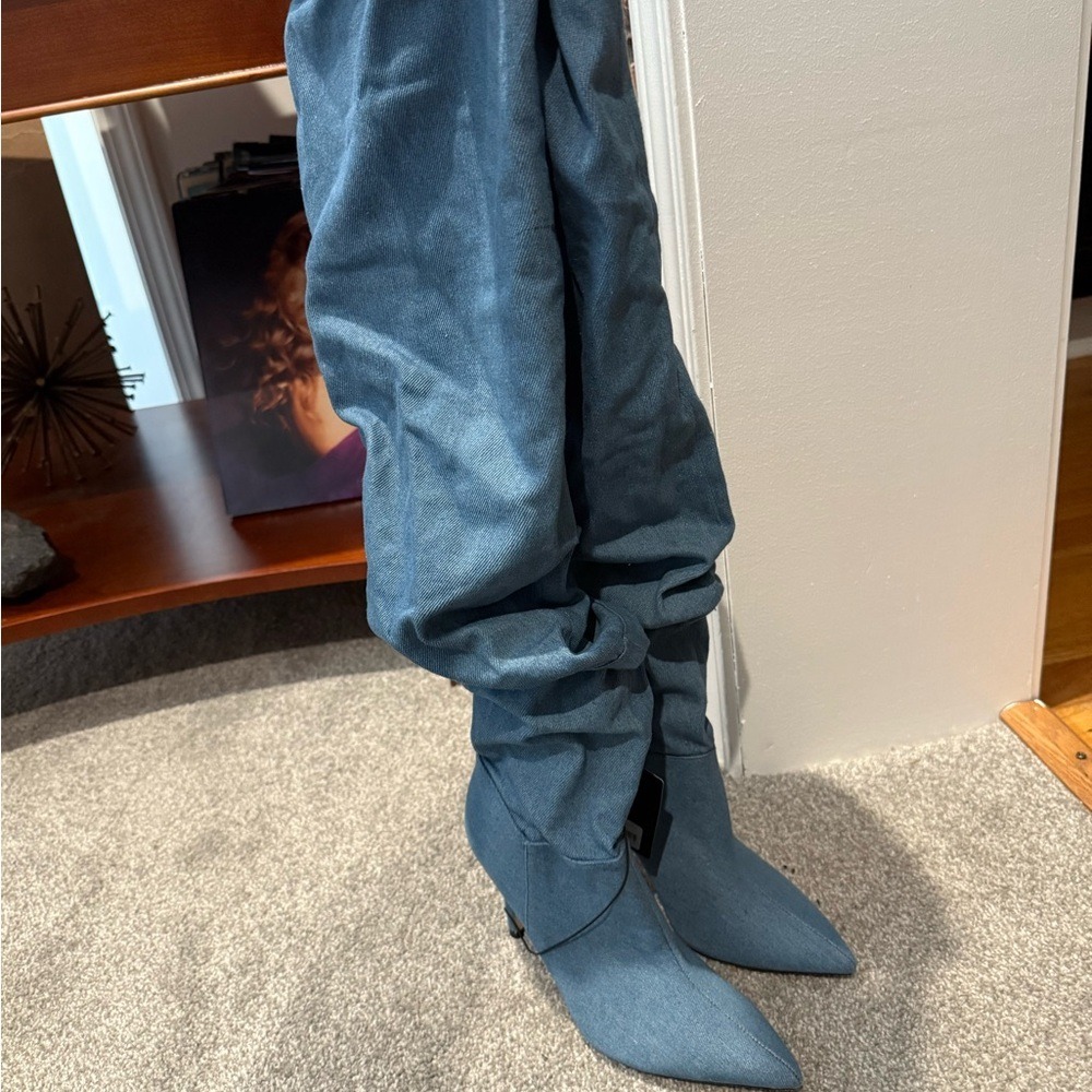 Womens Forever 21 Denim Stiletto Knee-High Boots‎ Size 6